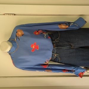 70s & Asian inspired mock zip floral top